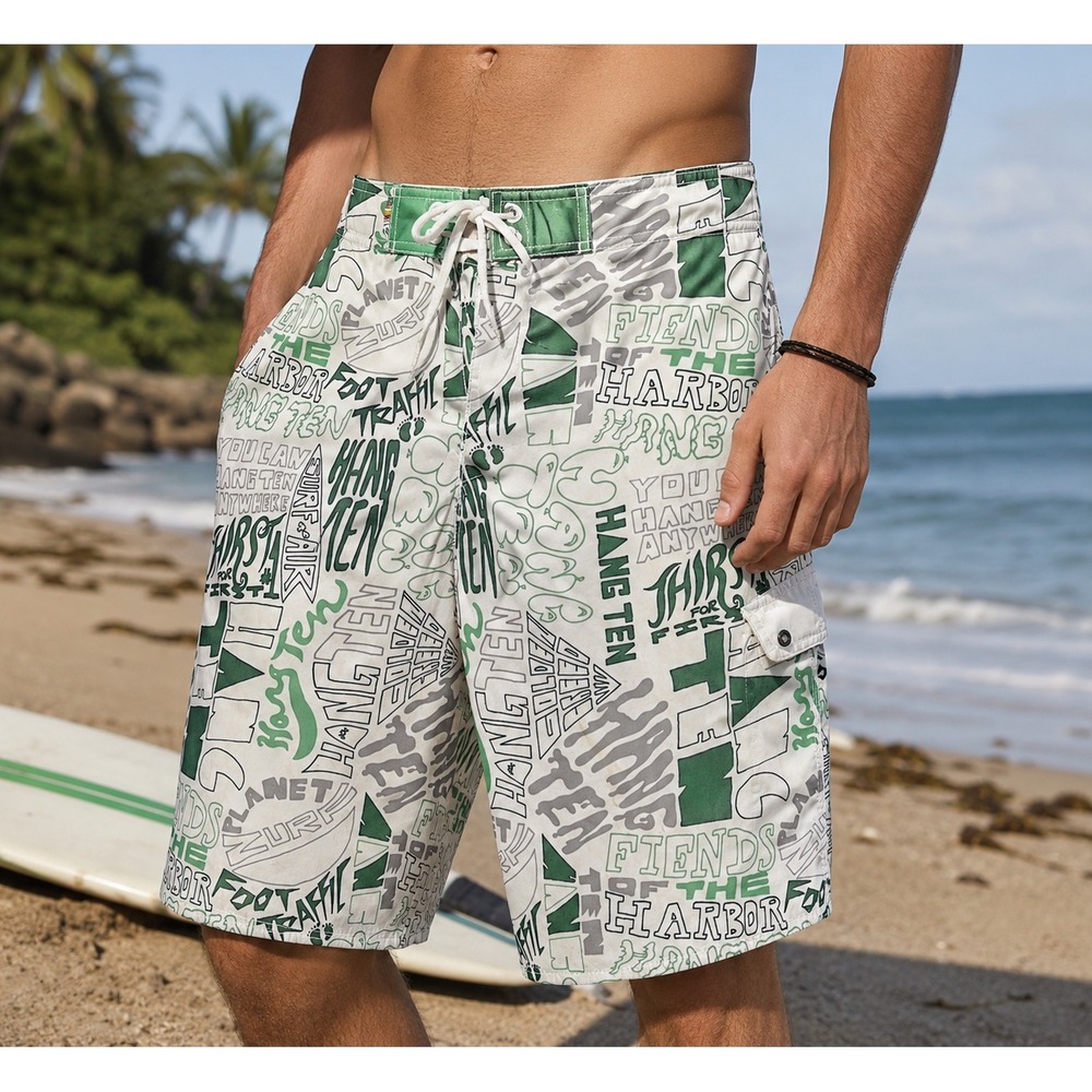 Hang Ten Board Shorts‎ Men M Graphic Print Cargo Y2K Skate Surf Green Streetwear